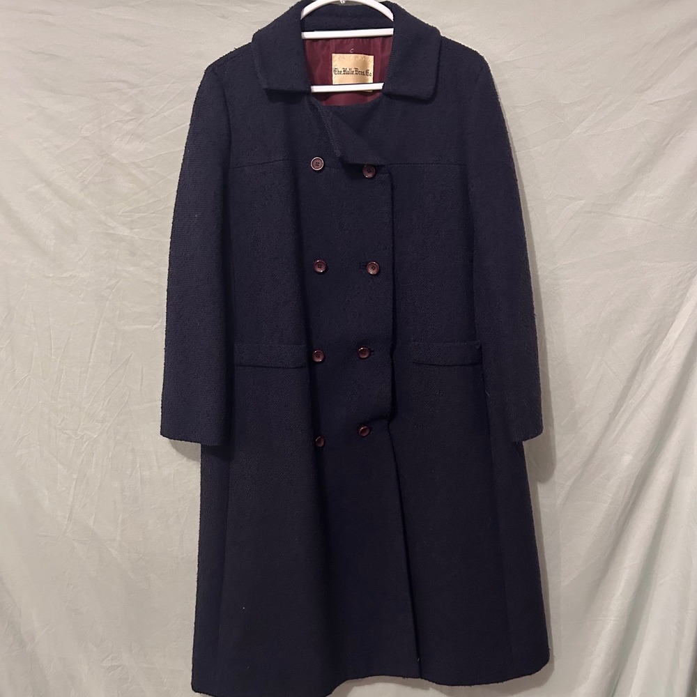 Vintage Halle Bros Co Navy Blue Wool Double Breasted Overcoat Union Made 22 PTP